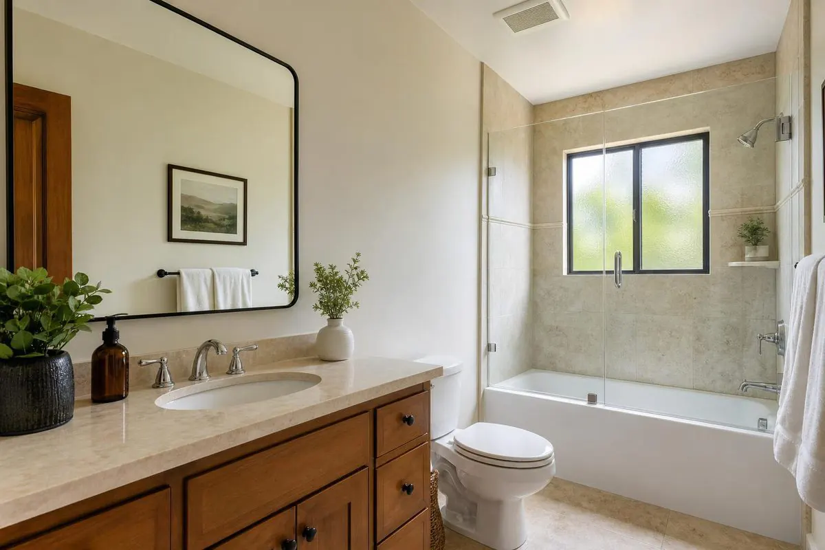 A bathroom with a tiled tub and shower, vanity, and exhaust fan