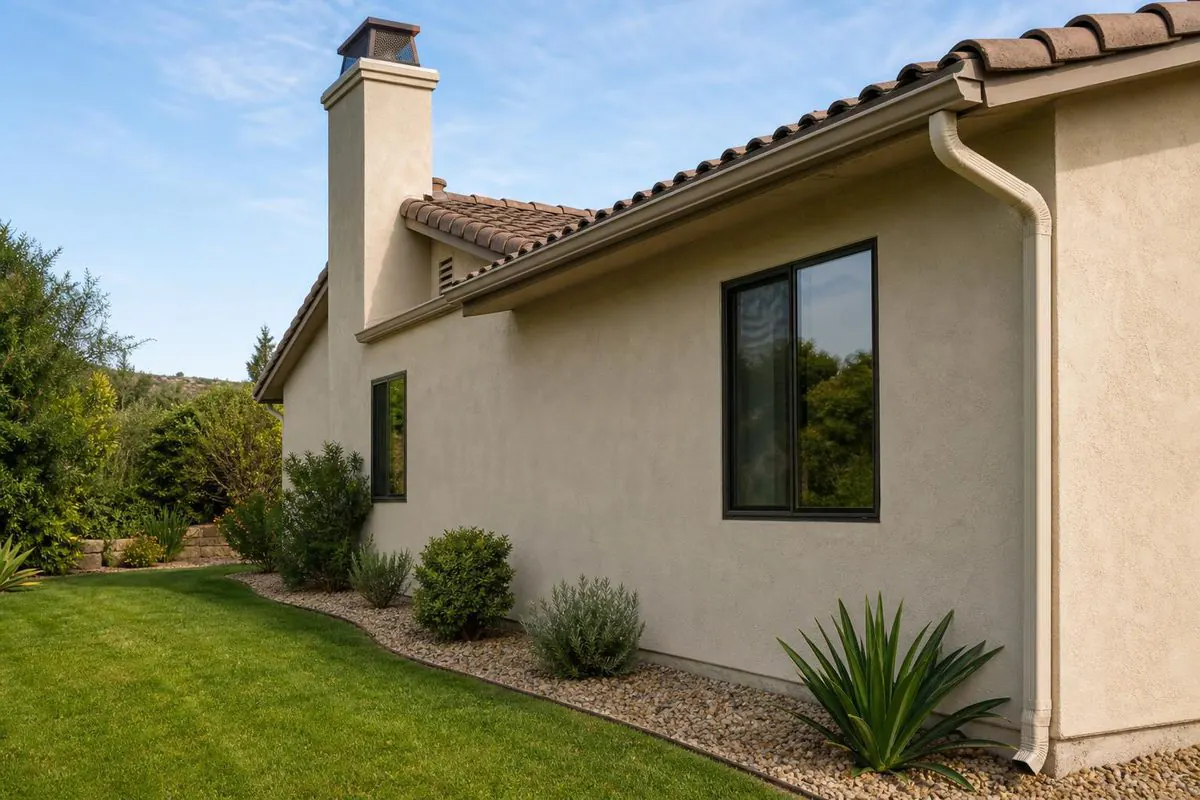 The exterior of a stucco home showing the chimney, roofline, and foundation edge
