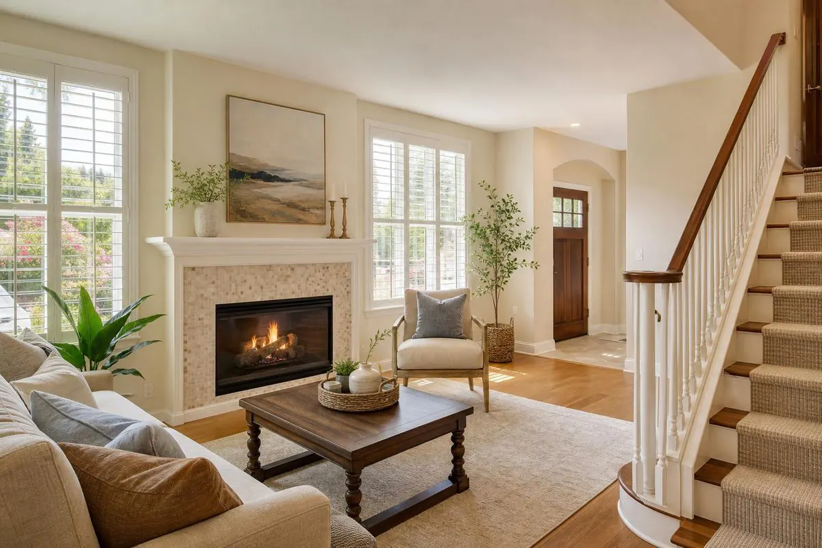 A living room with a fireplace, large windows, and a staircase