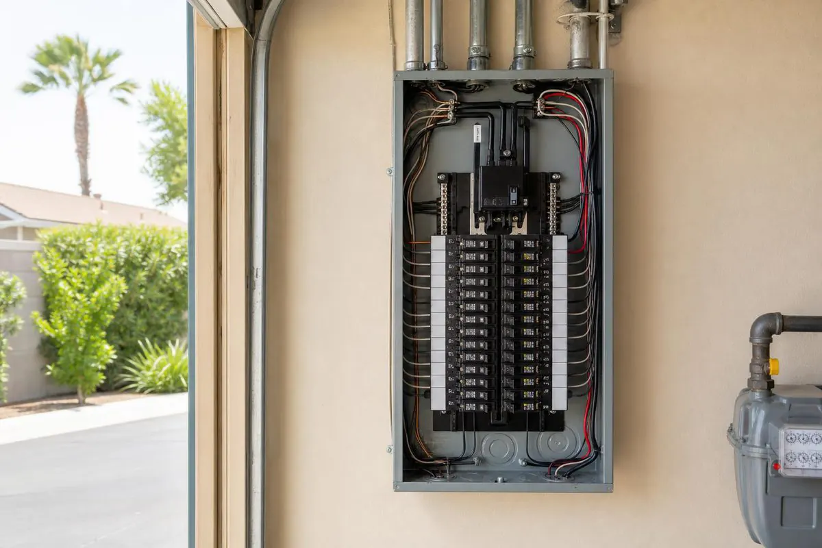 An open electrical panel with labelled breakers on a garage wall