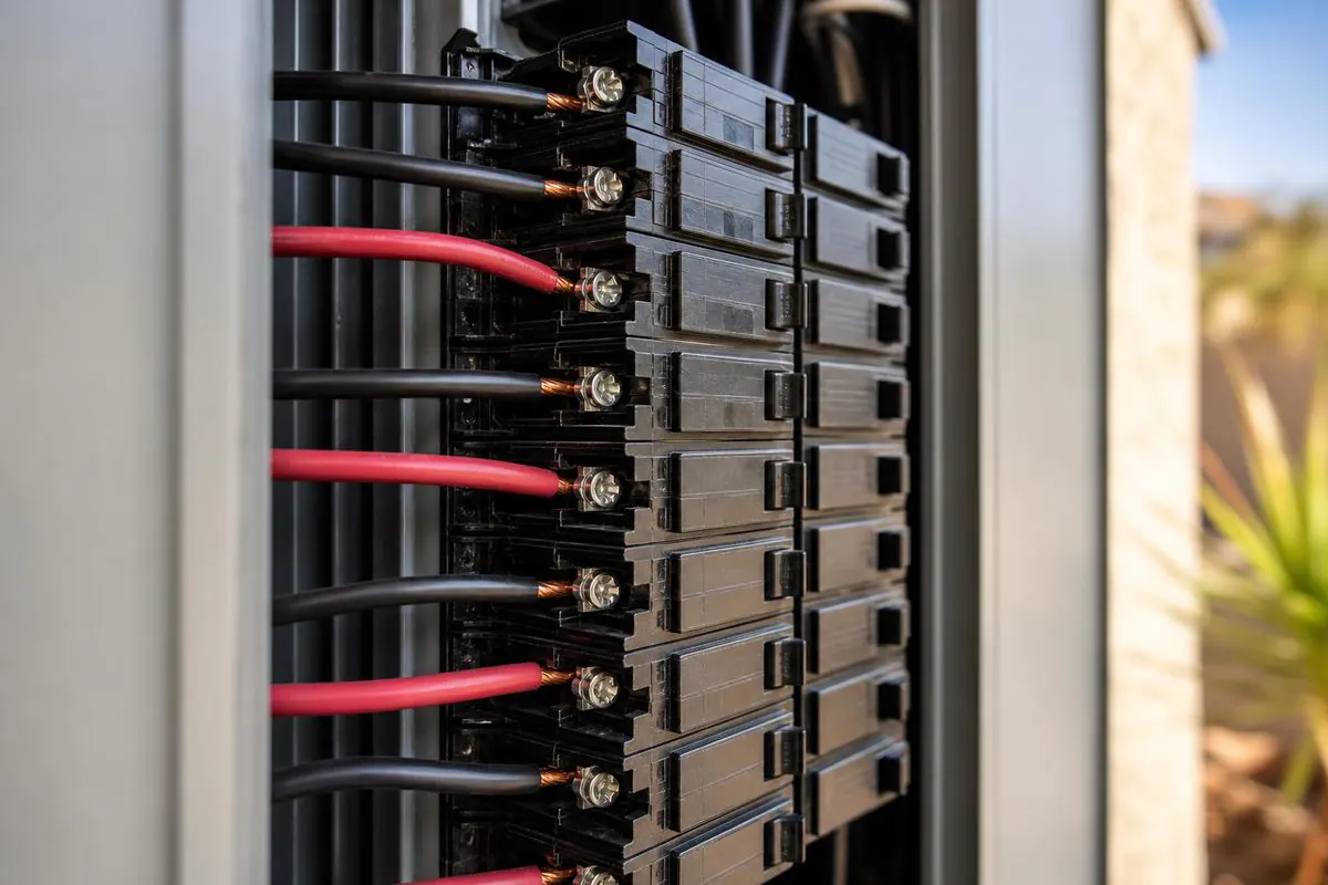 Close-up of circuit breakers seated on the bus bar inside an open panel