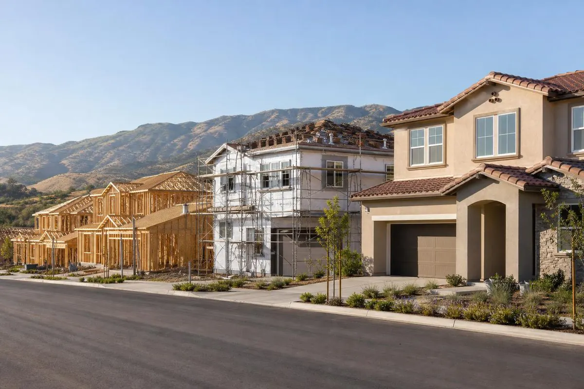 A row of new homes at different stages of construction along a fresh street