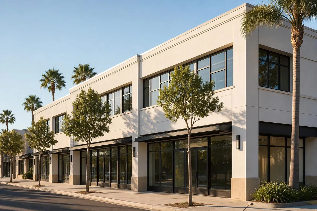 A low-rise commercial building with storefront glazing in morning light